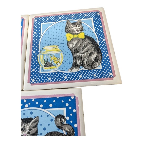 VTG Set of 3 Vintage Lanka Wall Tile Coaster Trivet Tabby Cat Made in Sri Lanka - Picture 5 of 9